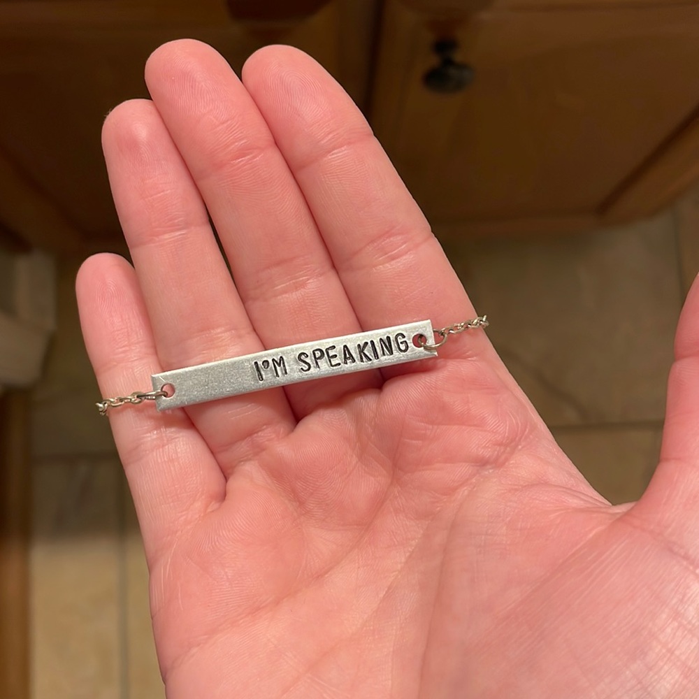 Silver Kamala Harris “I’m speaking” necklace. From an Etsy shop